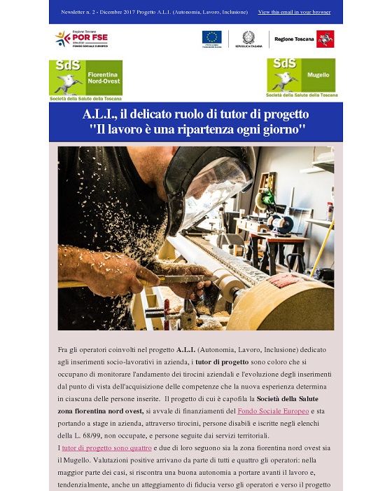 Il primo numero della Newsletter on line dedicata al progetto A.L.I. (Autonomia, Lavoro, Inclusione)